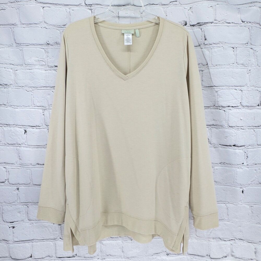 Logo Lounge Top Women's XL Cream French Terry Pullover V Neck Pockets Athleisure